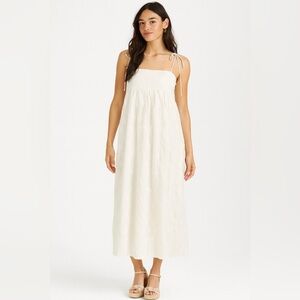 Aureum White Embroidered Midi Dress XS Tie Shoulder Smocked Back Lined